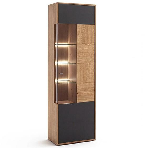 Vitrine VALERIA 1 porte poutre chêne Bianco verre satine anthracite
