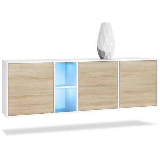 Vladon Buffet Armoire Cuba, Corps en Blanc mat - Façades en Chêne brut avec éclairage LED