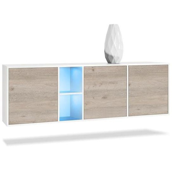 Vladon Buffet Armoire Cuba, Corps en Blanc mat - Façades en Chêne Nordique avec éclairage LED