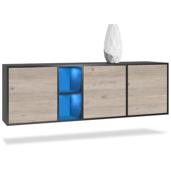 Vladon Buffet Armoire Cuba, Corps en Noir mat - Façades en Chêne Nordique avec éclairage LED