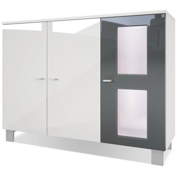 Vladon Buffet Armoire Denjo Blanc mat - Façades en Blanc haute brillance et Gris haute brillance avec éclairage LED en Blanc