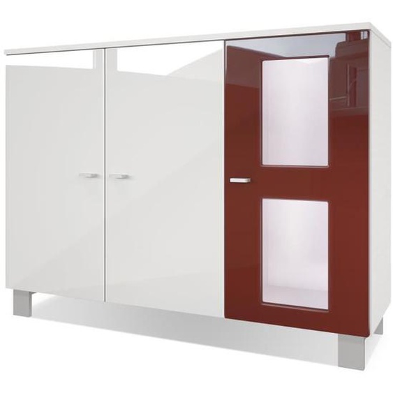 Vladon Buffet Armoire Denjo, Corps Blanc mat - Façades Blanc haute brillance et Bordeaux haute brillance avec éclairage LED Blanc