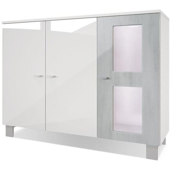 Vladon Buffet Armoire Denjo, Corps en Blanc mat - Façades en Blanc haute brillance et Aspect Béton Oxyde avec éclairage LED en