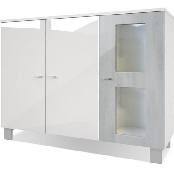Vladon Buffet Armoire Denjo, Corps en Blanc mat - Façades en Blanc haute brillance et Aspect Béton Oxyde