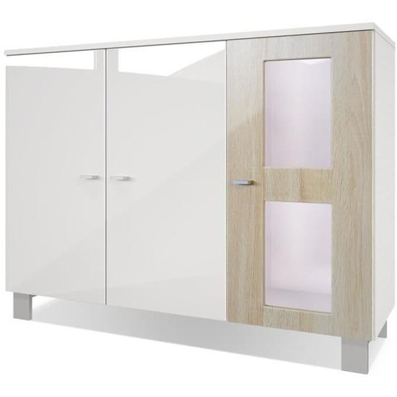 Vladon Buffet Armoire Denjo, Corps en Blanc mat - Façades en Blanc haute brillance et Chêne brut avec éclairage LED en Blanc