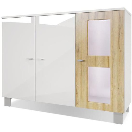 Vladon Buffet Armoire Denjo, Corps en Blanc mat - Façades en Blanc haute brillance et Chêne Nature avec éclairage LED en Blanc