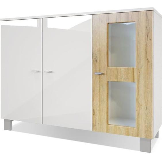 Vladon Buffet Armoire Denjo, Corps en Blanc mat - Façades en Blanc haute brillance et Chêne Nature