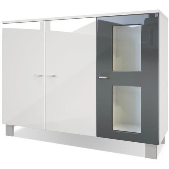 Vladon Buffet Armoire Denjo, Corps en Blanc mat - Façades en Blanc haute brillance et Gris haute brillance
