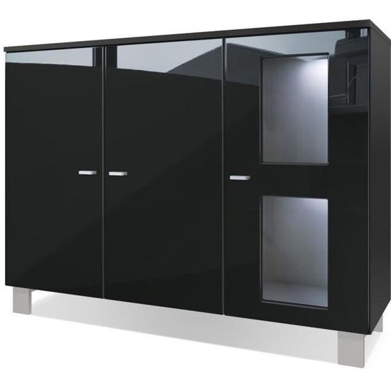 Vladon Buffet Armoire Denjo, Corps en Noir mat - Façades en Noir haute brillance avec éclairage LED en Blanc