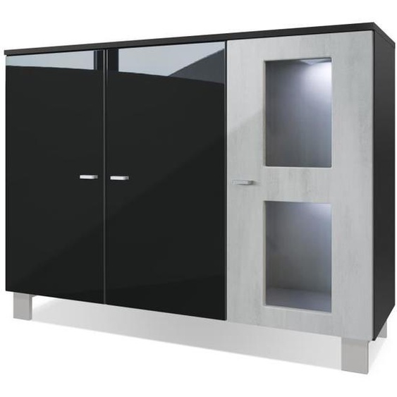 Vladon Buffet Armoire Denjo, Corps en Noir mat - Façades en Noir haute brillance et Aspect Béton Oxyde avec éclairage LED en Blanc