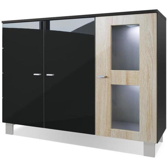 Vladon Buffet Armoire Denjo, Corps en Noir mat - Façades en Noir haute brillance et Chêne brut avec éclairage LED en Blanc