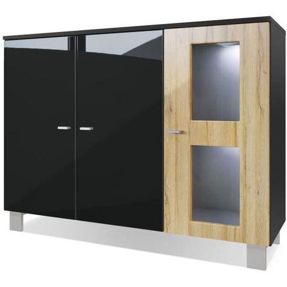 Vladon Buffet Armoire Denjo, Corps en Noir mat - Façades en Noir haute brillance et Chêne Nature avec éclairage LED en Blanc