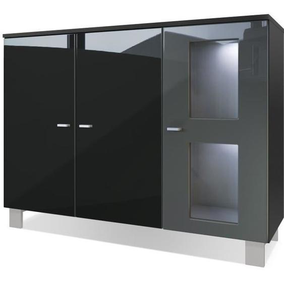 Vladon Buffet Armoire Denjo, Corps en Noir mat - Façades en Noir haute brillance et Gris haute brillance avec éclairage LED en