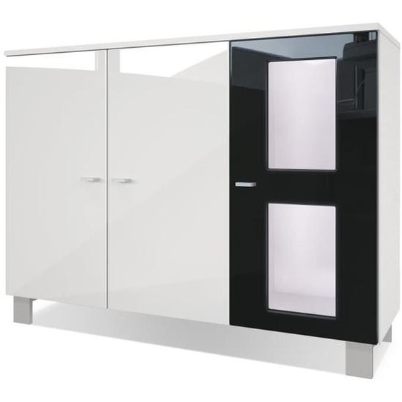 Vladon Buffet Armoire Denjo en Blanc mat - Façades en Blanc haute brillance et Noir haute brillance avec éclairage LED en Blanc