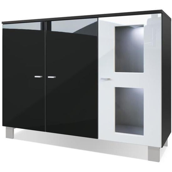 Vladon Buffet Armoire Denjo en Noir mat - Façades en Noir haute brillance et Blanc haute brillance avec éclairage LED en Blanc