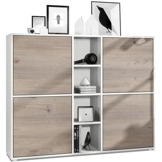 Vladon Buffet haut Cuba V3 avec 12 compartiments, caisson en blanc mat - Façades en Chêne Nordique