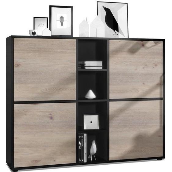 Vladon Buffet haut Cuba V3 avec 12 compartiments, caisson en noir mat - Façades en Chêne Nordique