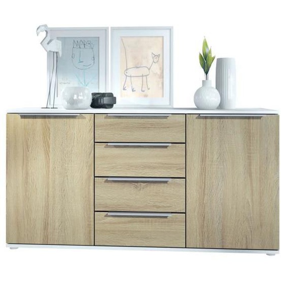 Vladon Buffet Linio V1 138,5 x 72,5 x 35 cm avec 2 portes et 4 tiroirs, blanc mat - chêne brut