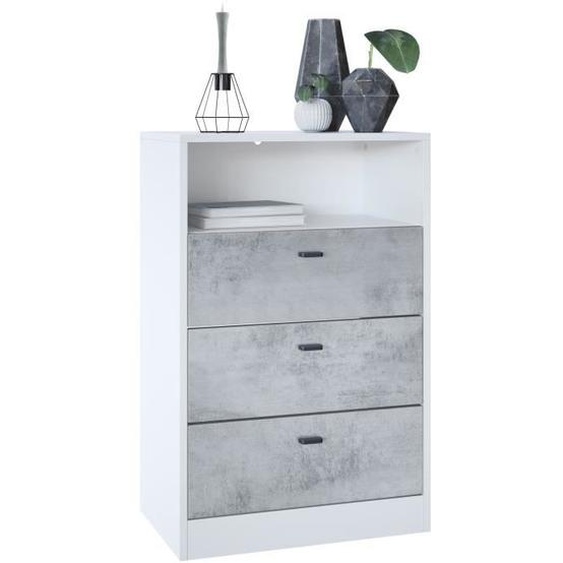 Vladon Buffet Pino V2 , 56 x 86,5 x 36 cm, caisson en Blanc mat, façades en Aspect Béton Oxyde