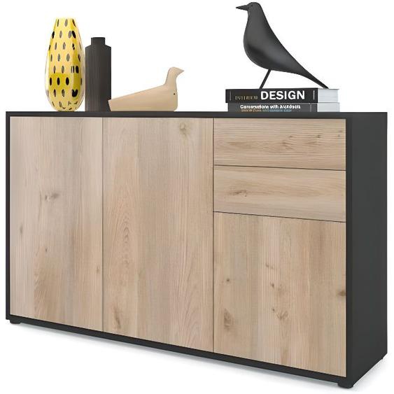 Vladon Commode Buffet Ben V3, Corps en Noir mat - Façades en Chêne Nordique