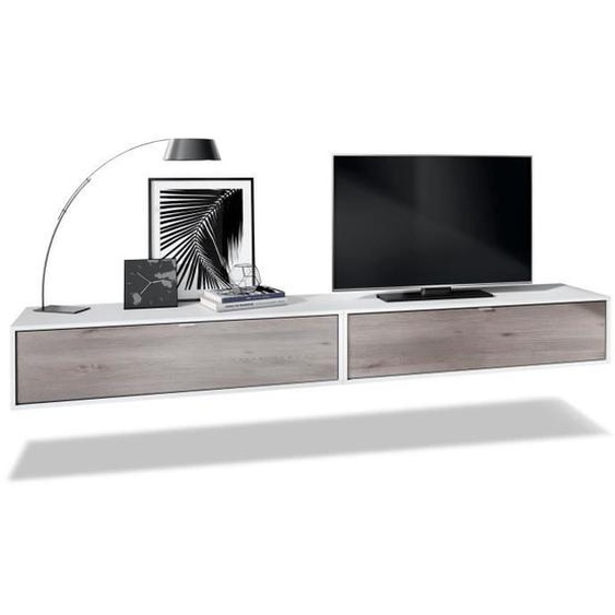 Vladon Ensemble de 2 set meuble TV Lana 120 armoire murale lowboard 120 x 29 x 37 cm en Blanc mat, façades en Chêne Nordique