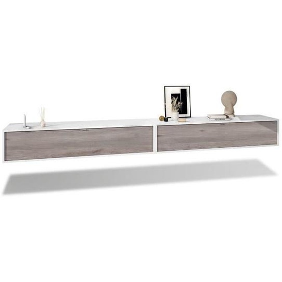 Vladon Ensemble de 2 set meuble TV Lana 140 armoire murale lowboard 140 x 29 x 37 cm en Blanc mat, façades en Chêne Nordique