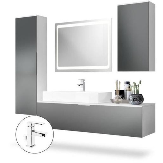 Vladon Ensemble de Meubles de Bains Beach, Corps en Blanc Mat-Façades en Graphite satiné mat avec miroir LED, lavabo et armature