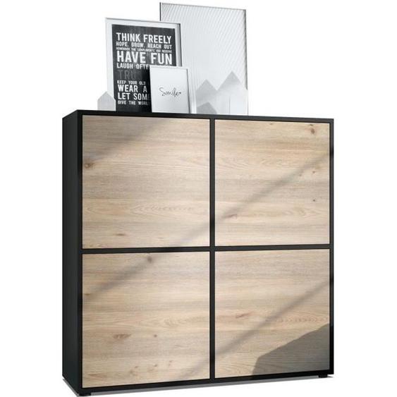 Vladon Highboard Cuba V2 104 x 105,5 x 35,5 cm Buffet haut à 8 compartiments, caisson en noir mat, façades en Chêne Nordique