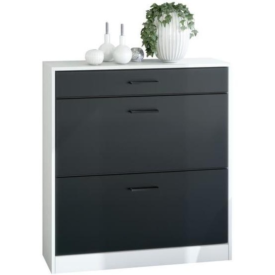 Vladon Meuble à chaussures inclinable Elvas – 89 x 95,5 x 27 cm – Caisson en Blanc mat, façade en façade en Noir mat