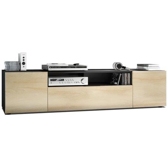 Vladon Meuble TV Armoire basse Mogan, Corps en Noir mat - Façades en Chêne brut