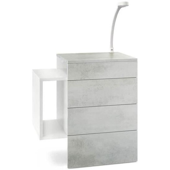 Vladon Table de chevet de nuit Queens en Blanc mat - Façades et plateau du dessus en Aspect Béton Oxyde avec éclairage LED Flexi