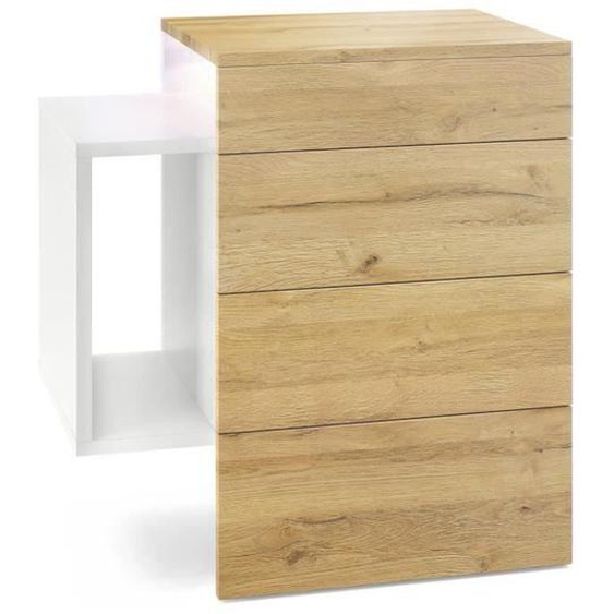Vladon Table de chevet de nuit Queens en Blanc mat - Façades et plateau du dessus en Chêne Nature avec un spot déclairage LED