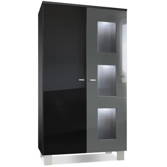 Vladon Vitrine Armoire Denjo en Noir mat - Façades en Noir haute brillance et Gris haute brillance avec éclairage LED en Blanc