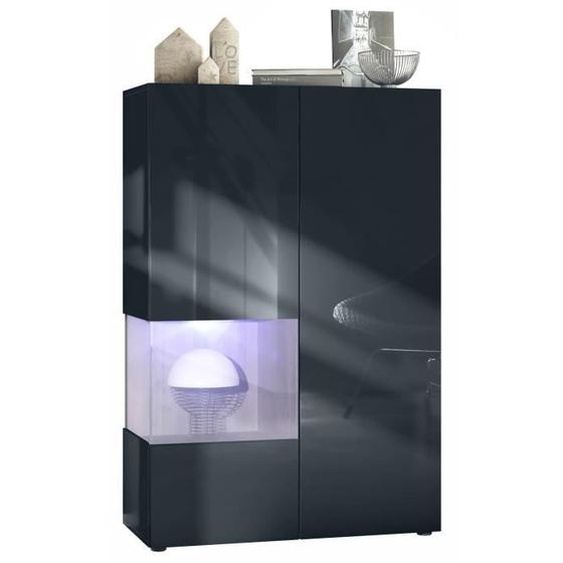 Vladon Vitrine Morena V2 avec 2 portes et insert en verre, noir mat - noir haute brillance - chêne nordique avec éclairage LED
