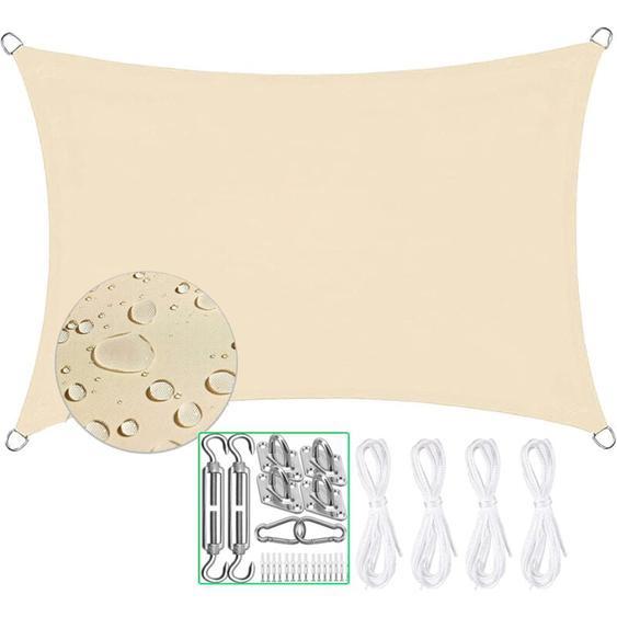 Voile dombrage Imperméable Rectangulaire 2 x 3m Toile Ombrage 95% Une Protection des Rayons uv pour Extérieur Terrasse Jardin Balcon, Beige,Livré