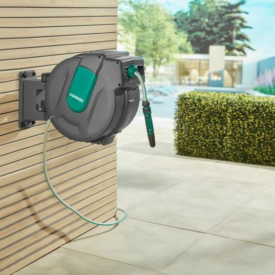 Vonroc - Enrouleur de tuyau automatique – Rotation 180°, fixation murale - Tuyau darrosage de 35m, tuyau de raccordement, embout, raccords et