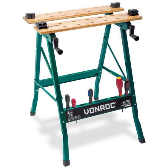 Vonroc Établi pliant - capacité de charge jusquà 150 kg, équipé dun plan de travail en bambou