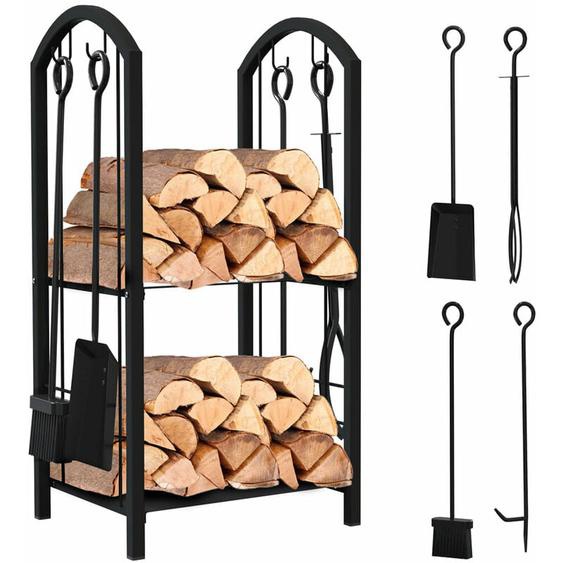 Vounot - Porte-bûches en métal noir avec 4 outils pour cheminée