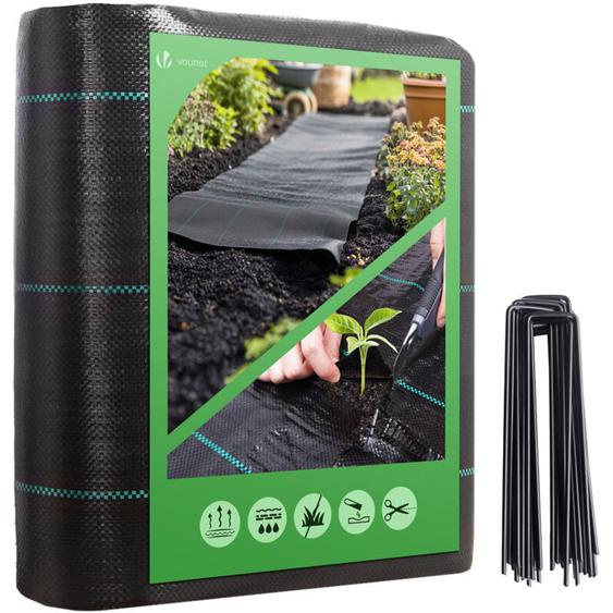 Vounot - Toile de paillage 25m x 2m 100g/m² avec 50 agrafes - Bâche géotextile anti-mauvaises herbes anti-UV perméable à leau anti-repousse