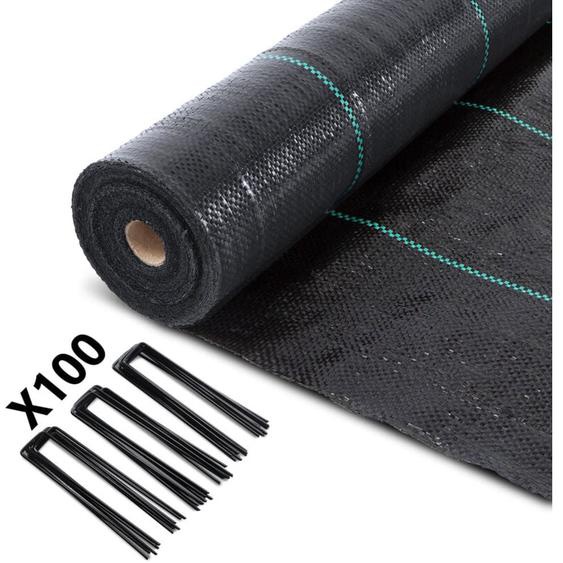 Vounot - Toile de paillage 50m x 1m 100g/m² avec 100 agrafes - Bâche géotextile anti-mauvaises herbes anti-UV perméable à leau anti-repousse