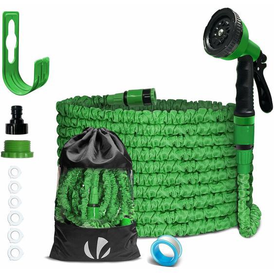 Vounot - Tuyau dArrosage Flexible Extensible 15m avec Accessoires Vert - 10 Modes - Support mural, sac de rangement inclus