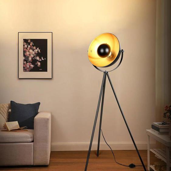 VOWNER Lampadaire Trépied Rétro - E27 Lampadaire Industriel en Métal H 162 cm avec Interrupteur au Pied, abat-jour noir et doré