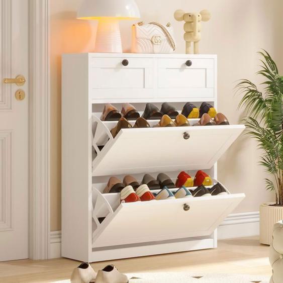 VOWNER - Meuble à Chaussures - Meuble dentrée Rangement pour Chaussures -Commode à Chaussures - 80 x 100 x 24 cm - Blanc