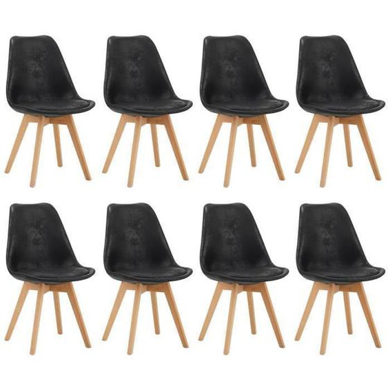 WAFTING Lot de 8 Chaises Scandinave Design,Tissu en faux daim et pieds en hêtre massif pour Salon, Chambre, Cuisine, Bureau, Noir