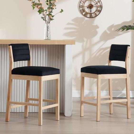 Wahson Tabourets de Bar Lot de 2 Chaise de Bar Bois Vintage avec Dossier Chaise Haute Cuisine Coussin Velours Chaise Haute Bar,