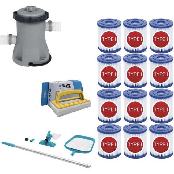 WAYS - Entretien de piscine - Kit dentretien & pompe de filtration 1249 L/h & 12 filtres type I & brosse à récurer WAYS