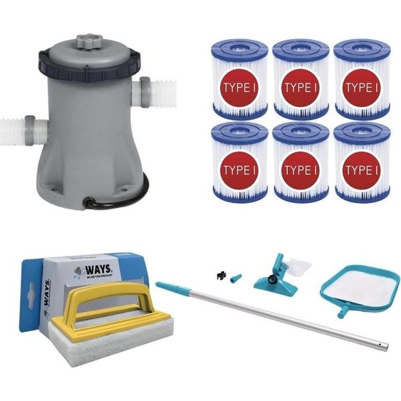 WAYS - Entretien de piscine - Kit dentretien & pompe de filtration 1249 L/h & 6 filtres type I & brosse à récurer WAYS