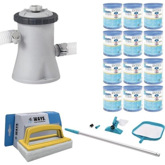 WAYS - Entretien de piscine - Kit dentretien & pompe de filtration 1250 L/u & 12 filtres type H & brosse à récurer WAYS