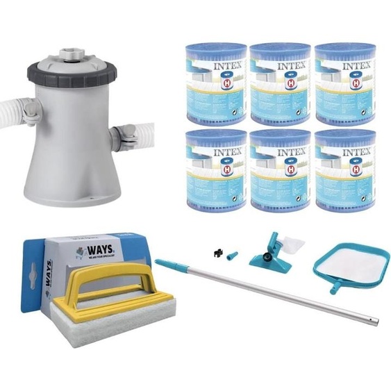 WAYS - Entretien de piscine - Kit dentretien & pompe de filtration 1250 L/u & 6 filtres type H & brosse à récurer WAYS