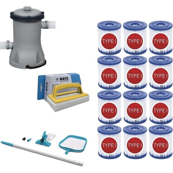 WAYS - Entretien de piscine - Kit dentretien & pompe de filtration 2006 L/h & 12 filtres type II & brosse à récurer WAYS